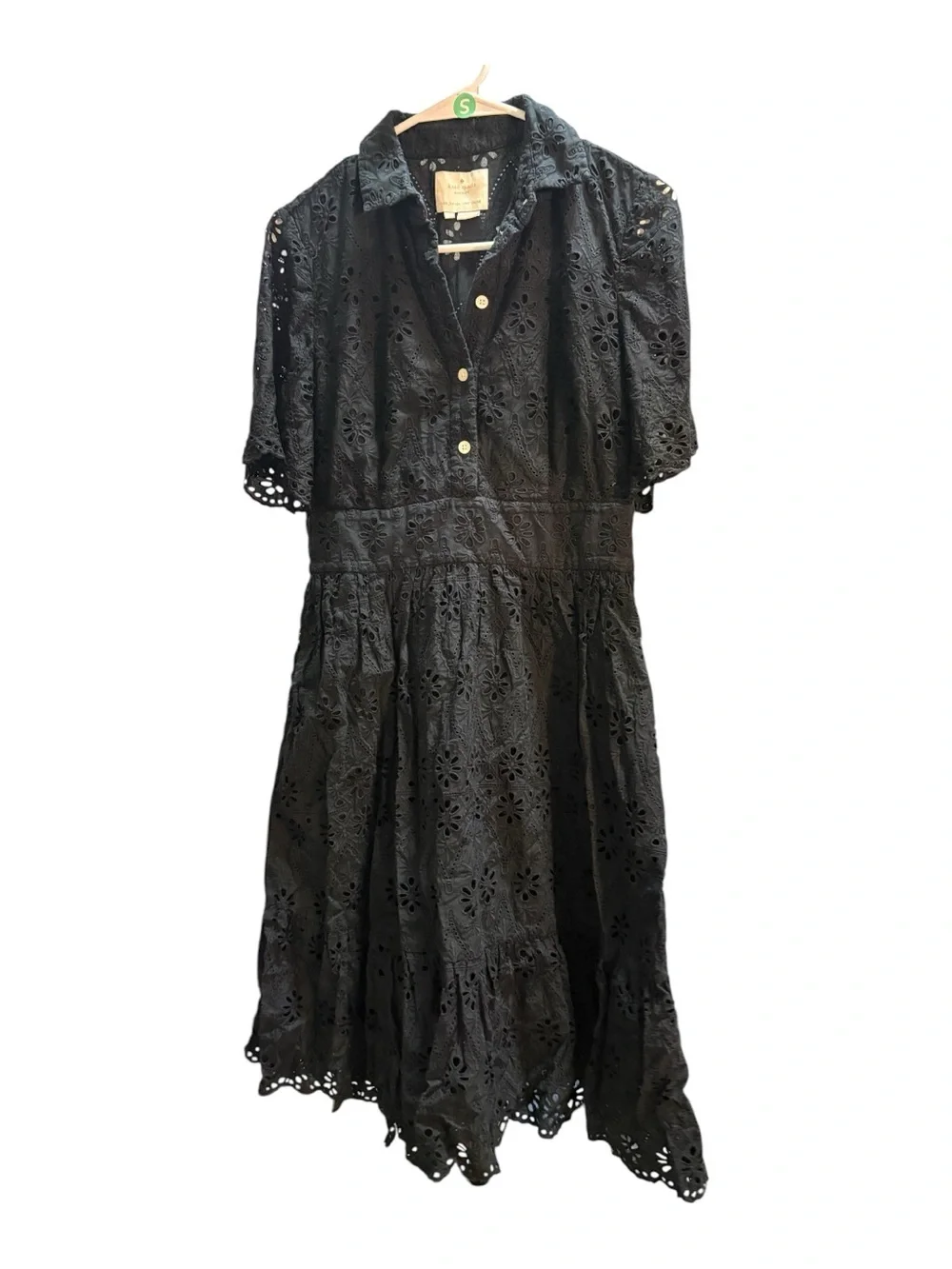 KATE SPADE Black Cotton Eyelet Polo-Collar Midi Dress